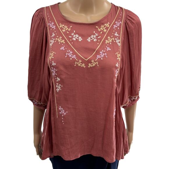 Anthropologie Dolan Pink Rose Embroidered Half Sleeve Top - Picture 5 of 13
